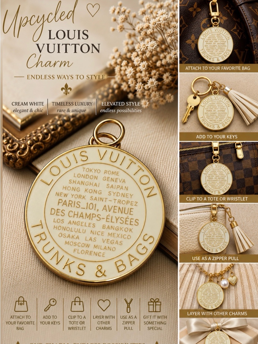 Louis Vuitton Upcycled Cream Trunks & Bags Charm Gold Tone Bag Purse Charm